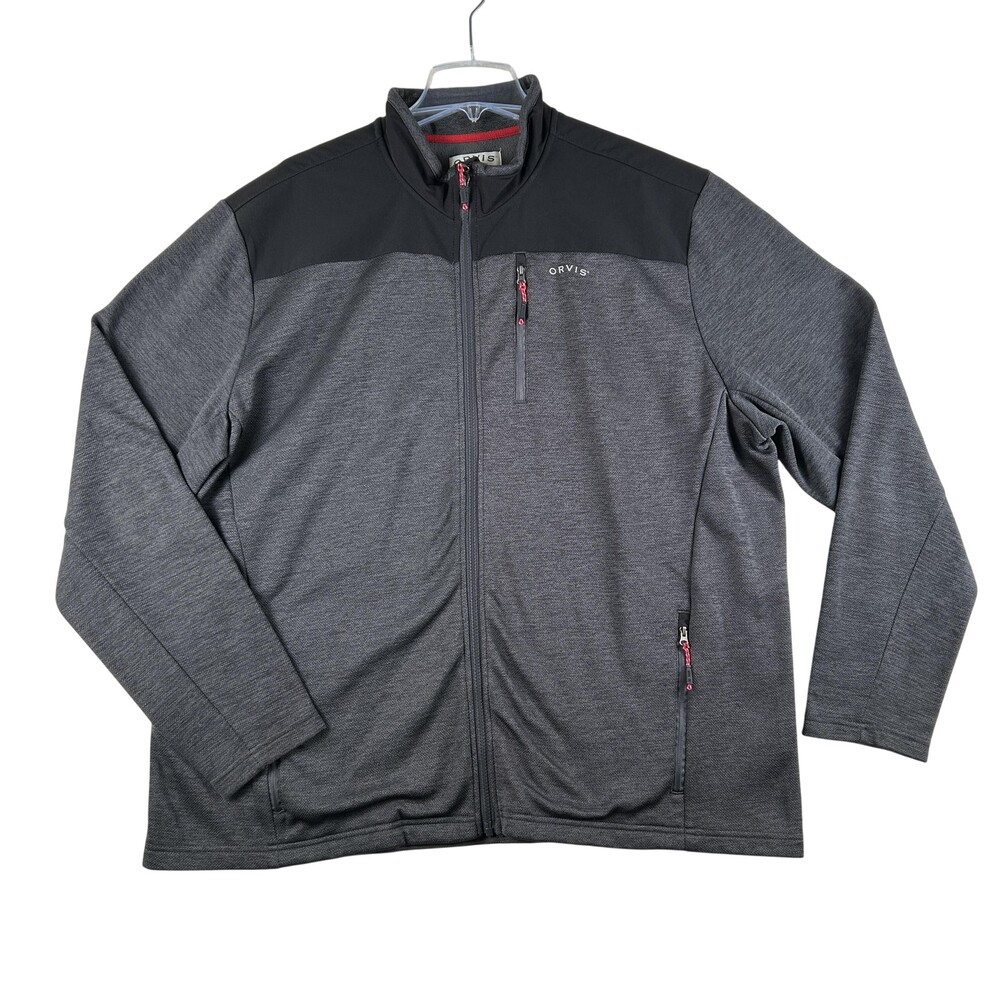 Orvis Jacket Mens 2XL Gray Softshell Fleece Lined Full Zip Pockets Outdoor
